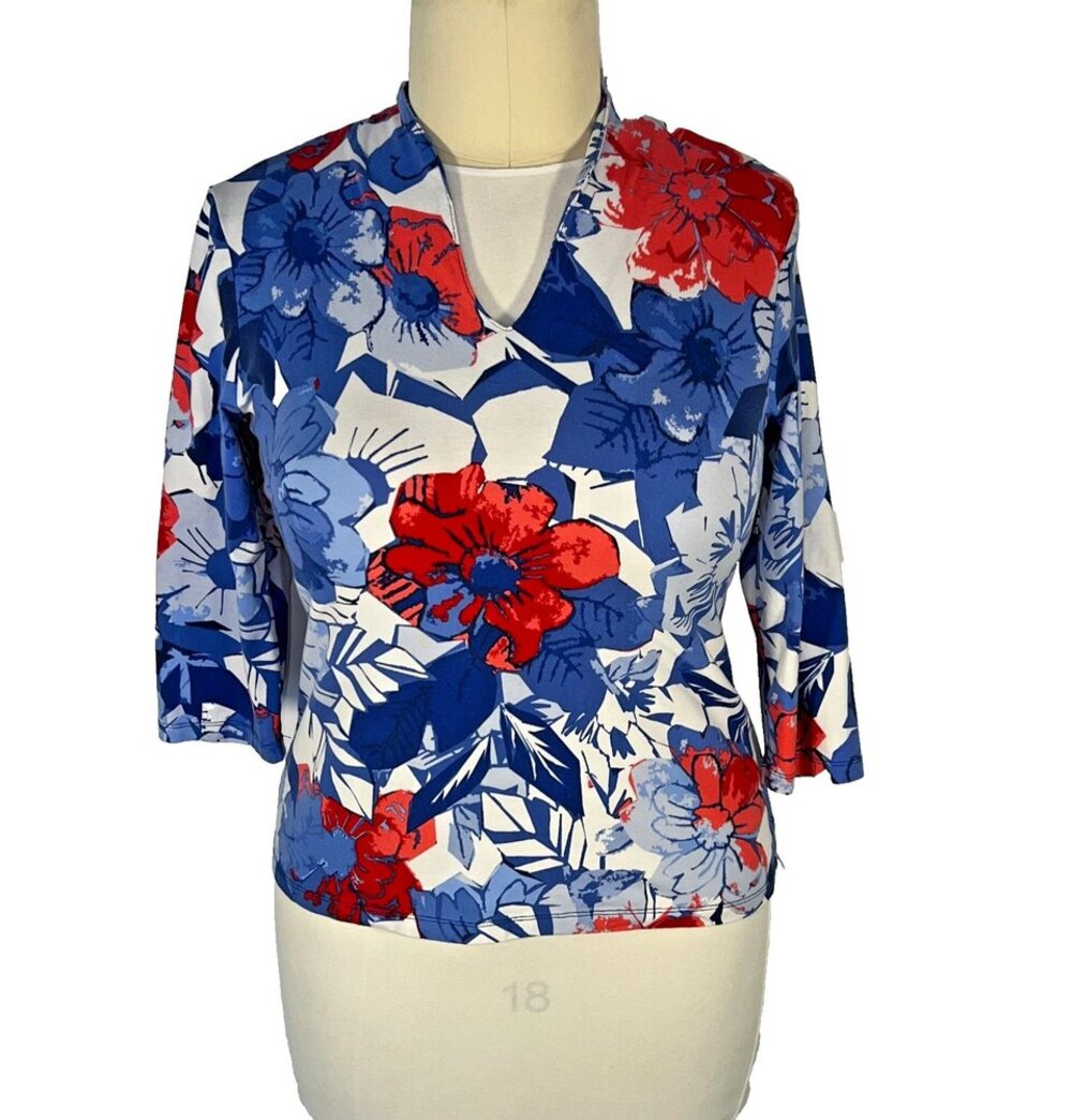 Ruby Rd. - Knit Blouse Women's L V-Neck 3/4 Sleeve Tropical Floral Stretch